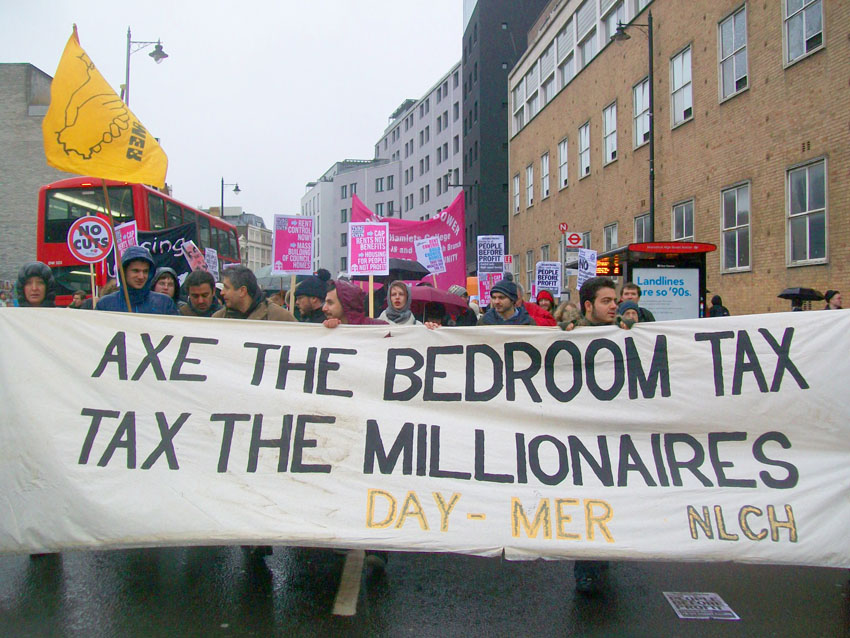 ‘Axe the Bedroom Tax’ banner on a march for more council homes in London