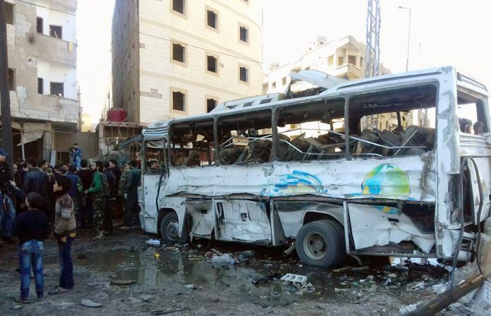 Devastation after terrorists blew bombed a bus station in Sayyeda Zainab suburb of Damascus – the Syrian opposition at the Geneva talks refused to issue a condemnation of the crime