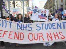 Student nurses from City University marching against the abolition of nursing bursaries which will deter recruitment