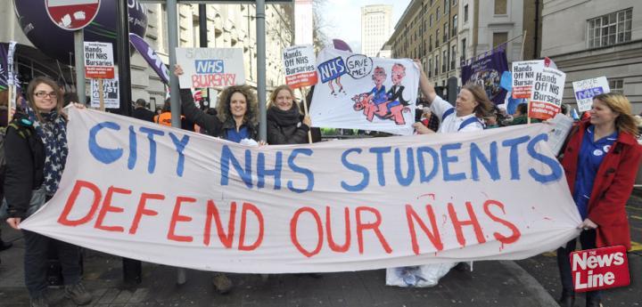 Student nurses from City University marching against the abolition of nursing bursaries which will deter recruitment