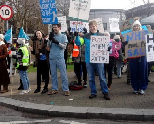 Junior doctors picketing North Middlesex Hospital during their strike on February 10th – they are fighting an imposed contract for a safer NHS