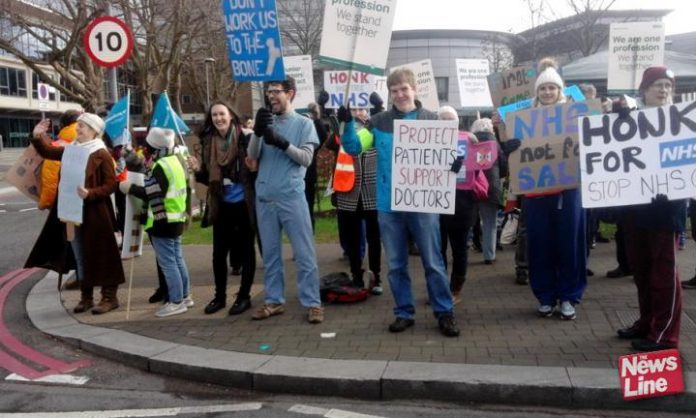 Junior doctors picketing North Middlesex Hospital during their strike on February 10th – they are fighting an imposed contract for a safer NHS