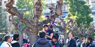 Picture shows the two refugees hanging from a tree in central Athens’ Victoria Square. They had been extremely depressed after  continual refusals to allow them to travel further into the EU