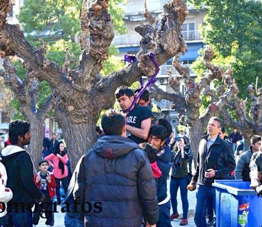 Picture shows the two refugees hanging from a tree in central Athens’ Victoria Square. They had been extremely depressed after  continual refusals to allow them to travel further into the EU