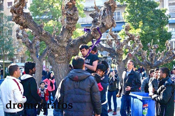 Picture shows the two refugees hanging from a tree in central Athens’ Victoria Square. They had been extremely depressed after  continual refusals to allow them to travel further into the EU