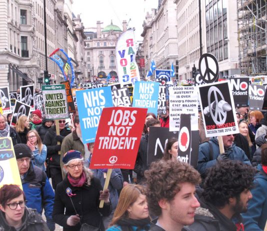 A section of the 60,000-strong ‘Stop Trident’ demonstration in London on Saturday