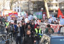 A section of the 10,000-strong ‘Kill the Bill’ march as it entered the Strand yesterday