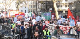 A section of the 10,000-strong ‘Kill the Bill’ march as it entered the Strand yesterday