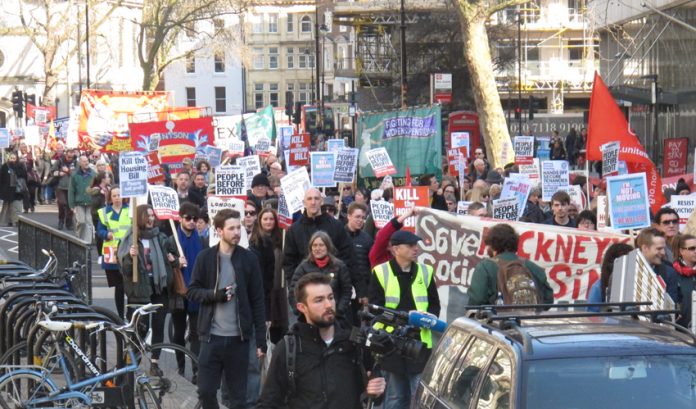 A section of the 10,000-strong ‘Kill the Bill’ march as it entered the Strand yesterday