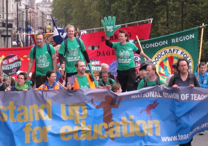 NUT members on the TUC march demanding that education is defended – 6th form college members are on strike today