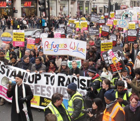 The front banner on Saturday’s 8,000-strong ‘Stand up to Racism, Refugees Welcome’ demonstration