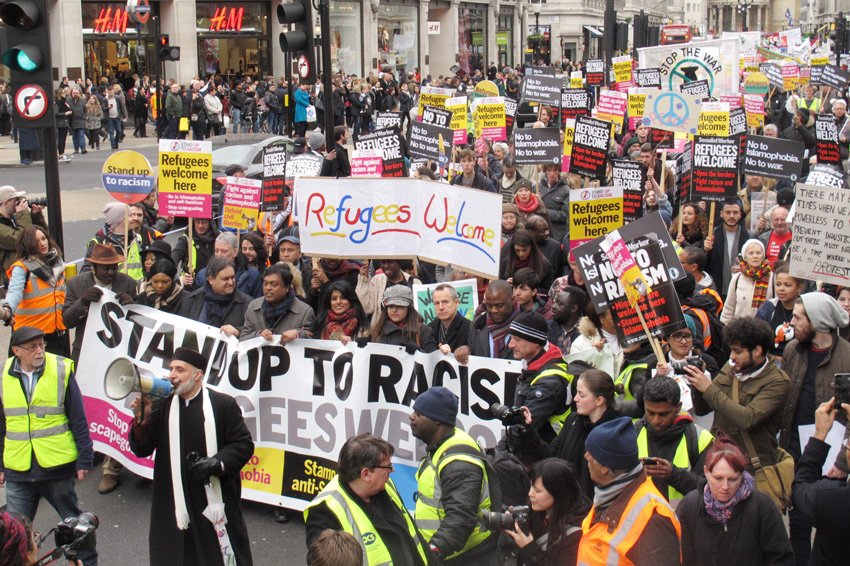 The front banner on Saturday’s 8,000-strong ‘Stand up to Racism, Refugees Welcome’ demonstration