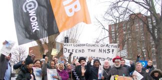 Traditional Indian Dhol drum beat to the rhythm of the 50-strong picket’s chants of ‘Hands off Charlie Chaplin Ward! Save Ealing Hospital!’