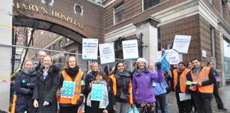 Junior doctors on the picket line at St Mary’s Hospital in Paddingdon on 10th March – they have now stepped up their struggle