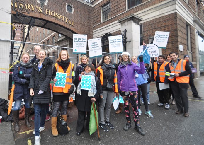 Junior doctors on the picket line at St Mary’s Hospital in Paddingdon on 10th March – they have now stepped up their struggle