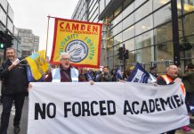 Teachers marching against the Tories’ forced academies – now the NUT conference has voted to scrap the ‘Prevent Strategy’