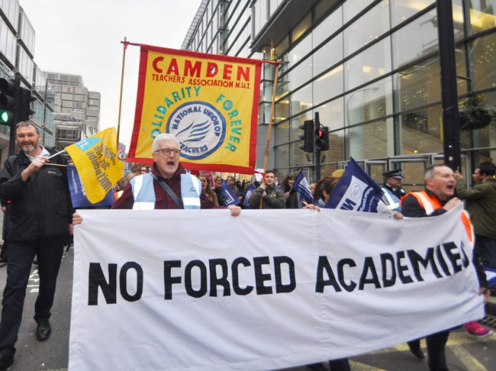 Teachers marching against the Tories’ forced academies – now the NUT conference has voted to scrap the ‘Prevent Strategy’