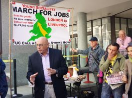 MANUEL HASSASSIAN, the PLO ambassador addresses YS marchers before their march to the TUC Congress in Liverpool. One of the march’s demands is support for the Palestinian state