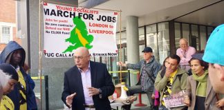 MANUEL HASSASSIAN, the PLO ambassador addresses YS marchers before their march to the TUC Congress in Liverpool. One of the march’s demands is support for the Palestinian state