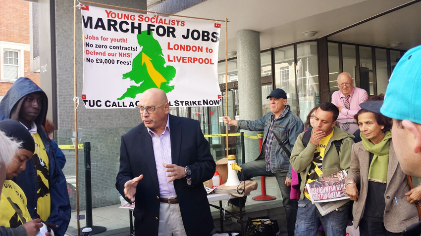 MANUEL HASSASSIAN, the PLO ambassador addresses YS marchers before their march to the TUC Congress in Liverpool. One of the march’s demands is support for the Palestinian state