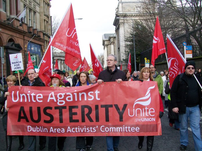ICTU march against austerity – the EU has cut wages and living standards in Ireland massively plus forcing hundreds of thousands to leave the country