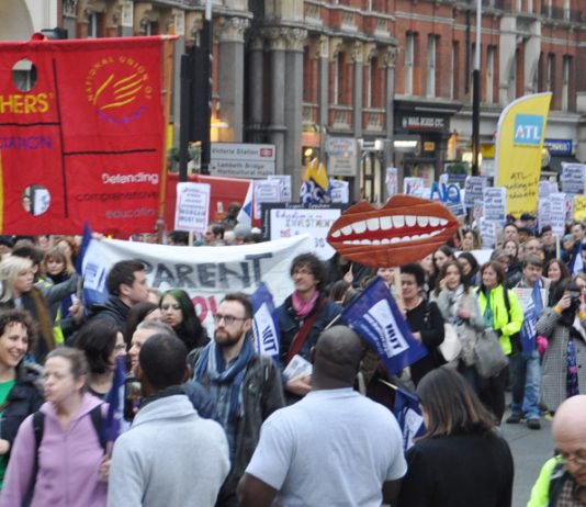 ATL and NUT banners on the 5,000-strong emergency ‘No Forced Academies’ demonstration in London on March 23rd