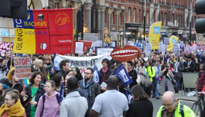 ATL and NUT banners on the 5,000-strong emergency ‘No Forced Academies’ demonstration in London on March 23rd