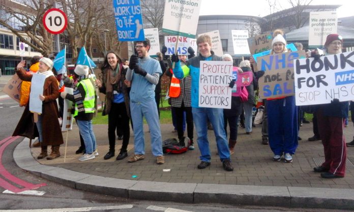 Enthusiastic junior doctors on the picket line during strike action at North Middlesex Hospital in north London