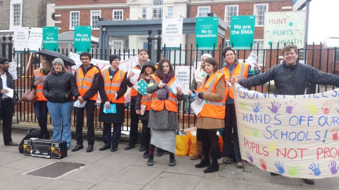 Teachers from Sunny Hill school in Southwark joined striking junior doctors on the picket line at Maudsley Hospital in Camberwell yesterday