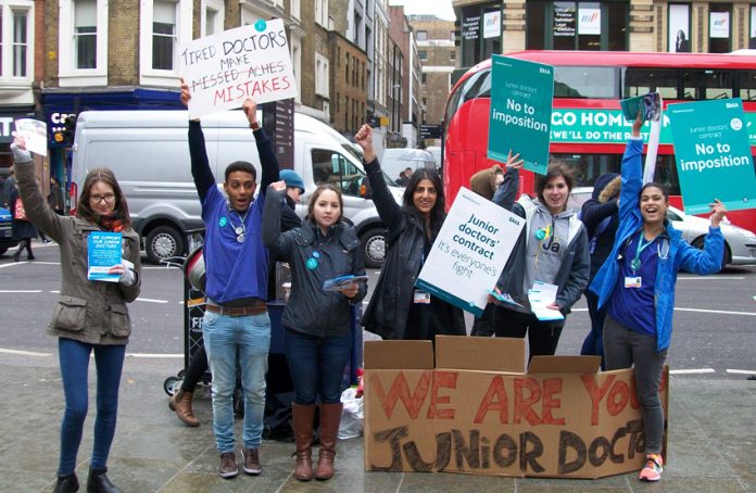 EMILY MILLS, NISA SEKHON and SAIRA SIDDIQUI were among the lively crowd of campaigning junior doctors outside Liverpool St station