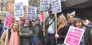 A group of Lambeth teachers on the emergency march against forced academies in central London on March 23rd