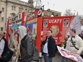 UCATT banners on a TUC demonstration against cuts – the union says new tax changes could cut take-home pay by over £3,000 a year