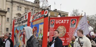 UCATT banners on a TUC demonstration against cuts – the union says new tax changes could cut take-home pay by over £3,000 a year