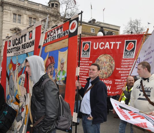 UCATT banners on a TUC demonstration against cuts – the union says new tax changes could cut take-home pay by over £3,000 a year