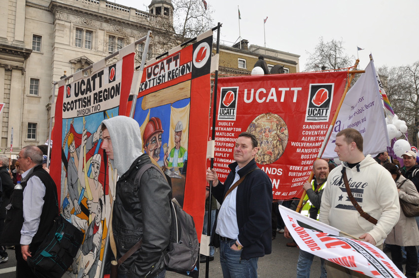 UCATT banners on a TUC demonstration against cuts – the union says new tax changes could cut take-home pay by over £3,000 a year