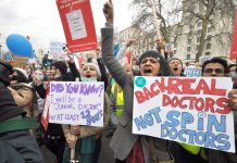 Junior doctors demonstrating outside Downing Street – over 2,000 doctors have sent a letter to Cameron and Hunt giving their full support to the junior doctors’ struggle