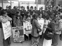 Strikers on the picket line at the Grunwicks mail order film processing plant in Willesden