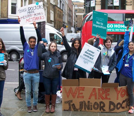 Junior doctors mass leaflet Liverpool Street Station during last month’s strike – they are now escalating their struggle