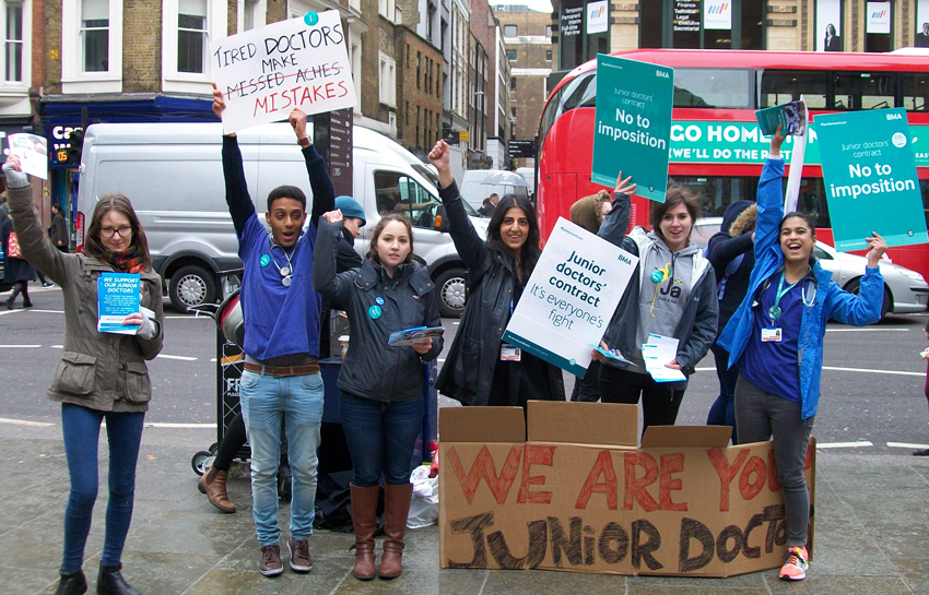 Junior doctors mass leaflet Liverpool Street Station during last month’s strike – they are now escalating their struggle