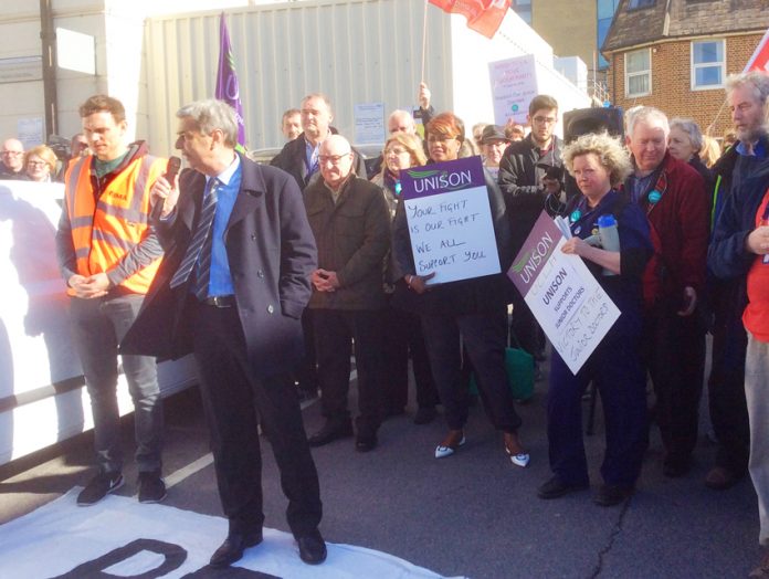 Unison leader PRENTIS with delegates from the Unison Health Conference joined the picket line at the Brighton General Hospital yesterday