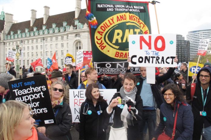 Striking junior doctors were joined by teachers and railway workers on Tuesday evening’s 10,000-strong demonstration