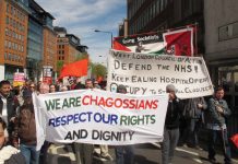 Chagossians demanding the right to return to their homes in the Indian Ocean island of Diego Garcia marching alongside the West London campaign to keep Ealing Hospital open