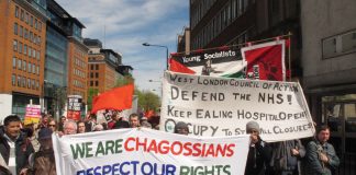 Chagossians demanding the right to return to their homes in the Indian Ocean island of Diego Garcia marching alongside the West London campaign to keep Ealing Hospital open