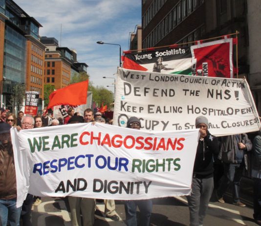 Chagossians demanding the right to return to their homes in the Indian Ocean island of Diego Garcia marching alongside the West London campaign to keep Ealing Hospital open