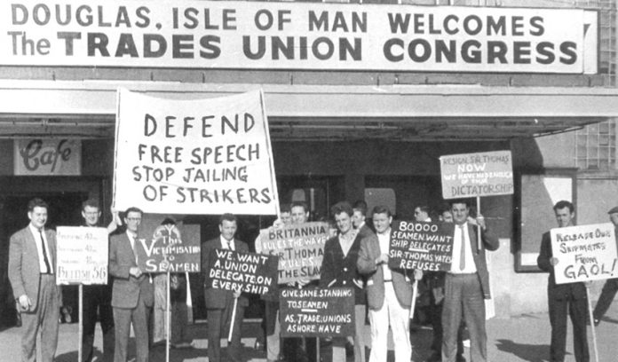 A protest outside the 1960 TUC congress in Douglas by supporters of the National Seamen’s Reform Movement