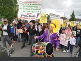 Saturday’s 200-strong West London Council of Action march to stop the closure of Ealing Hospital Children’s Services arrives at the hospital