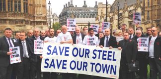 Port Talbot steel workers outside parliament demanding action to save the steel industry – a thousand march tomorrow