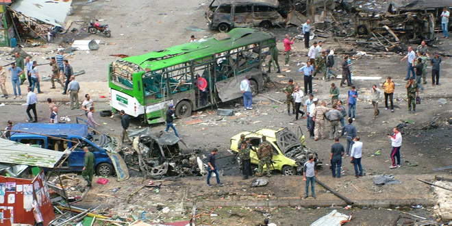 Devastation after a terrorist bomb blew up at a bus station in Jableh, killing at least 73 and wounding many others