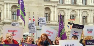 Student nurses and midwives outside the Department of Health demanding that their bursaries are restored