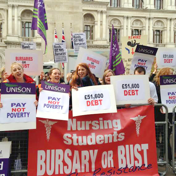 Student nurses and midwives outside the Department of Health demanding that their bursaries are restored